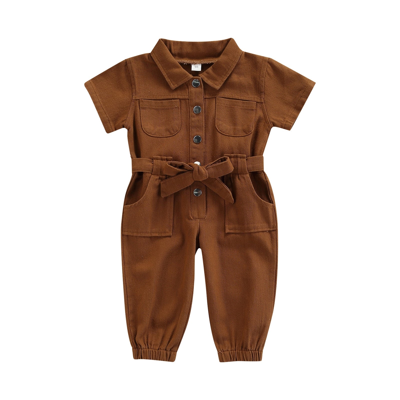 Girls' Short-Sleeved Belted Denim Jumpsuit