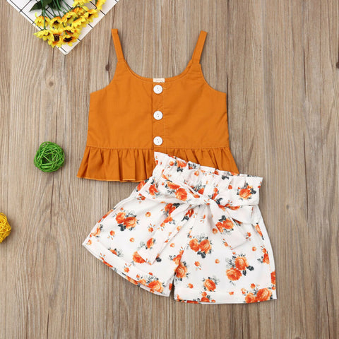 Girls' Orange Floral Print Sleeveless Short Set