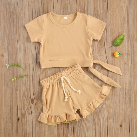 Girls' Ruffle Detail Solid Color Short-Sleeved Short Set