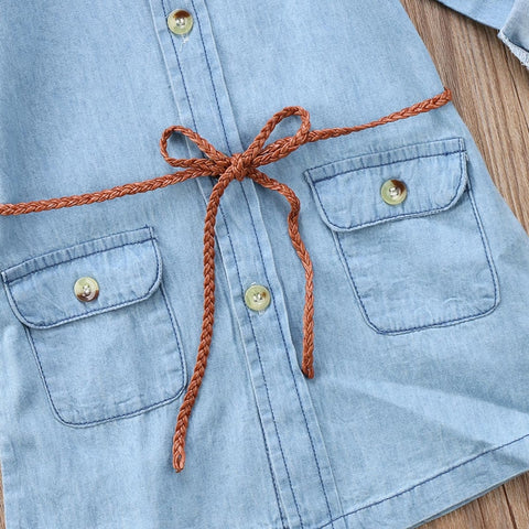 Girls' Long-Sleeved Light Wash Denim Dress