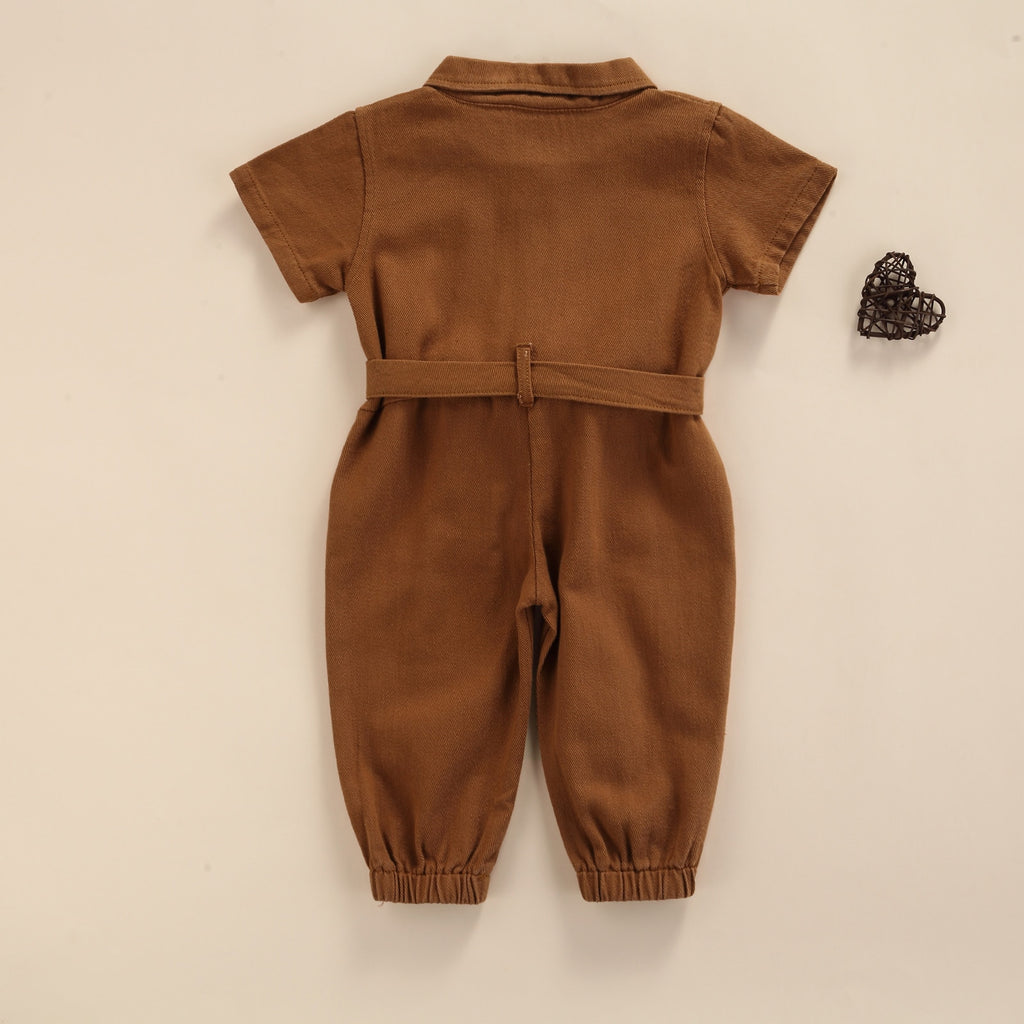 Girls' Short-Sleeved Belted Denim Jumpsuit