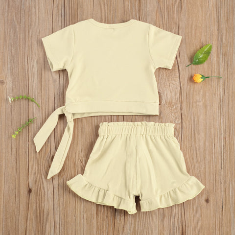 Girls' Ruffle Detail Solid Color Short-Sleeved Short Set