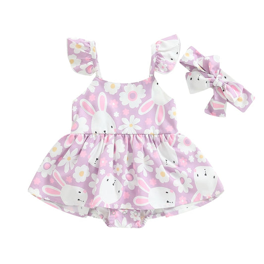 Girls' Ruffle Strap Bunny Romper With Hair Bow