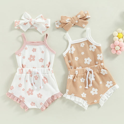 Girls' Floral Sleeveless Onesie & Shorts w/ Headband