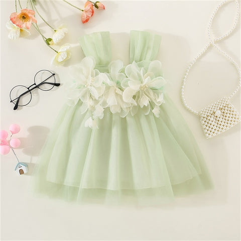 Girls' 3D Flower Tulle Sleeveless Sling Dress