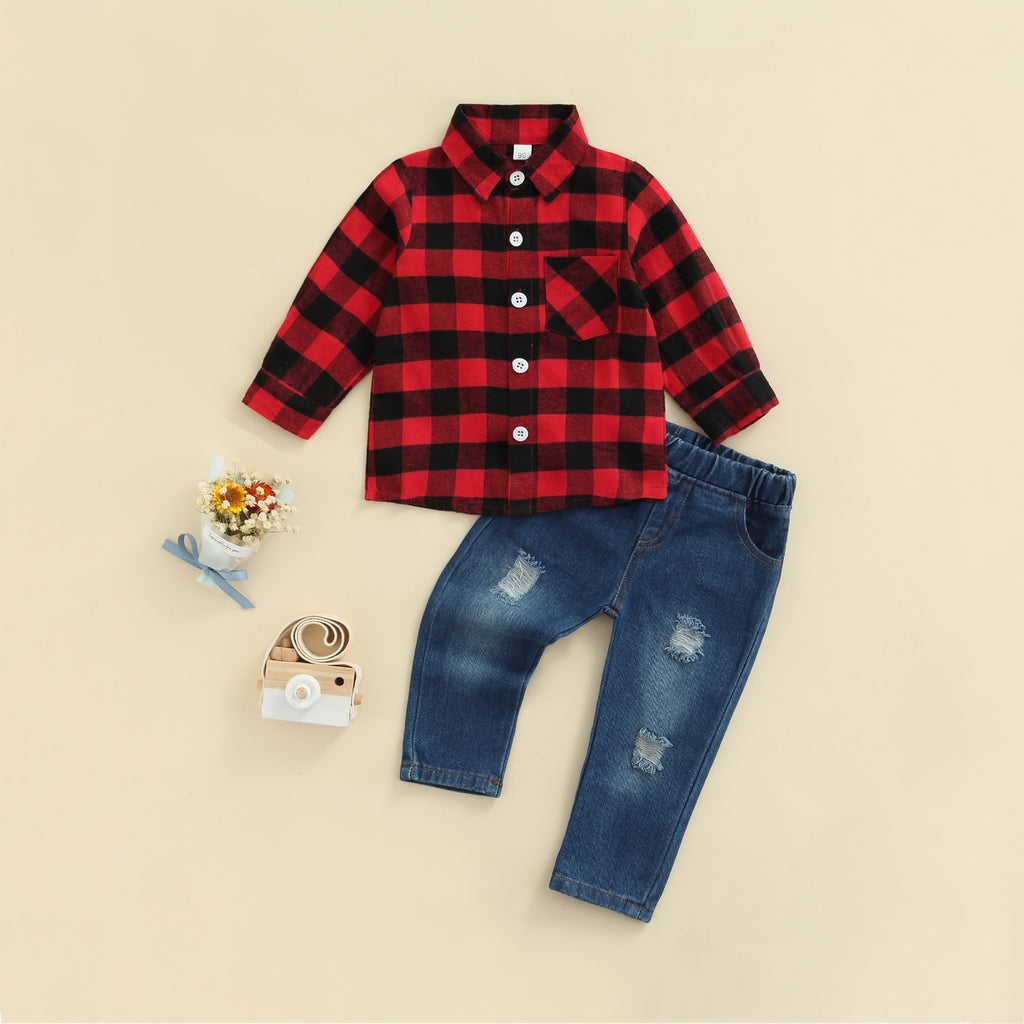 Boys' Red Plaid Shirt & Denim Pant Set