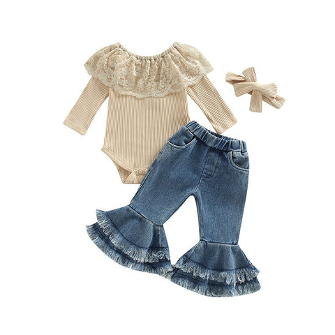 Girls' Lace Top Flared Denim Pants Set