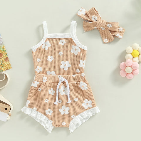 Girls' Floral Sleeveless Onesie & Shorts w/ Headband