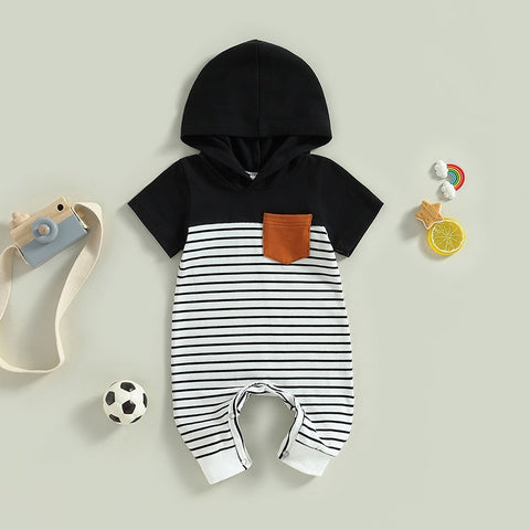 Boys' Hooded Striped Jumpsuit with Pocket