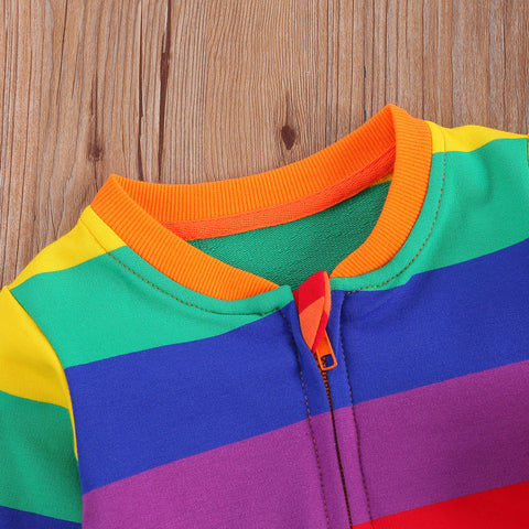 Rainbow Striped Zippered Long-Sleeved Baby Jumpsuit