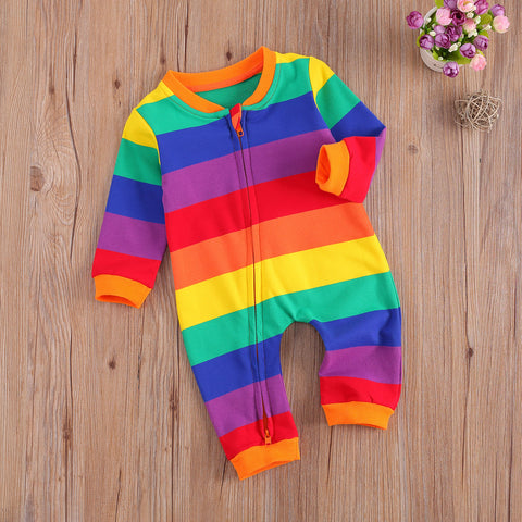 Rainbow Striped Zippered Long-Sleeved Baby Jumpsuit