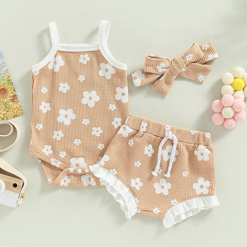 Girls' Floral Sleeveless Onesie & Shorts w/ Headband