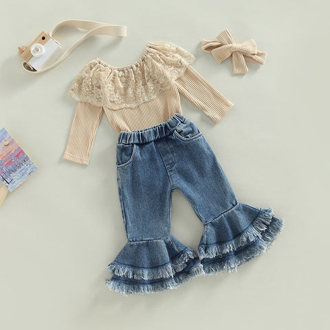 Girls' Lace Top Flared Denim Pants Set