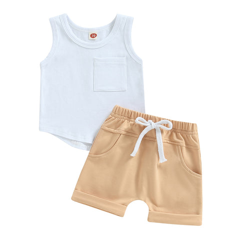Kids' Sleeveless Solid Vest Tops Drawstring Shorts Set