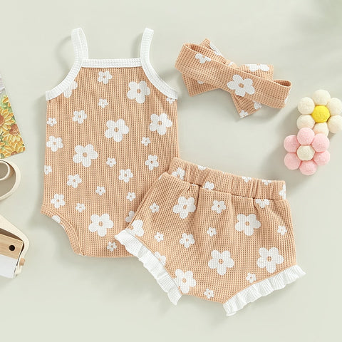 Girls' Floral Sleeveless Onesie & Shorts w/ Headband