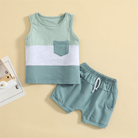 Boys' Green Colorblock Sleeveless Short Set