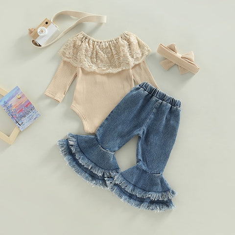 Girls' Lace Top Flared Denim Pants Set