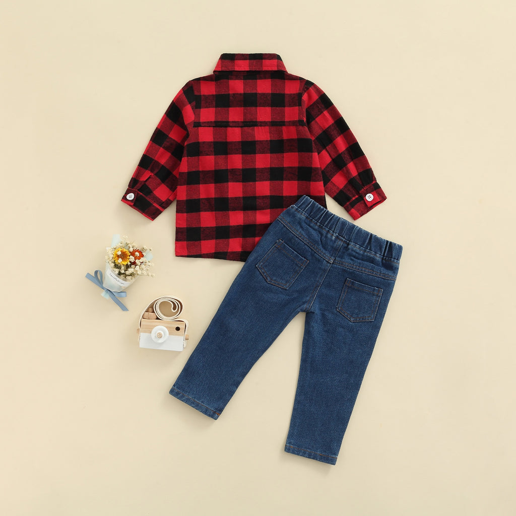 Boys' Red Plaid Shirt & Denim Pant Set
