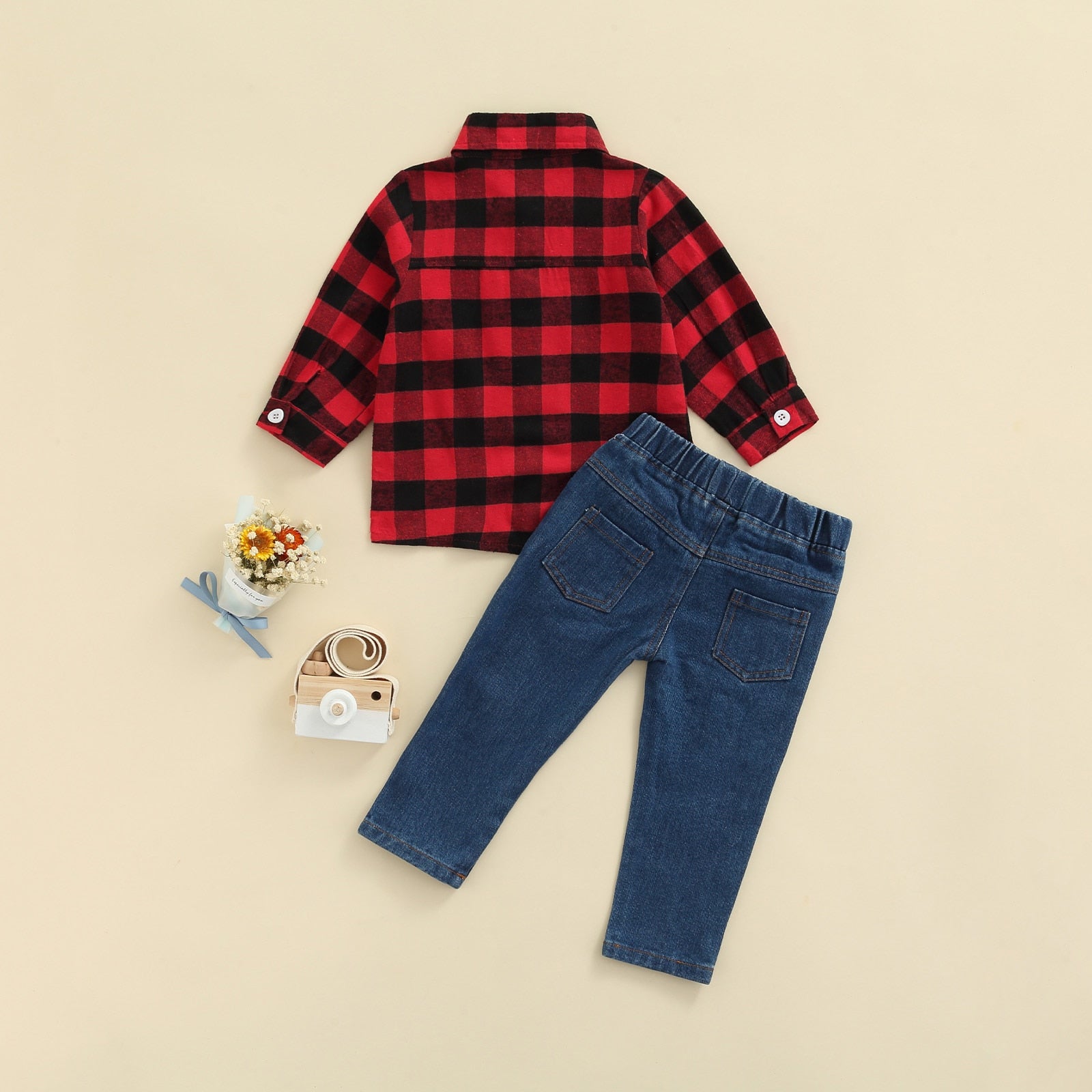 Boys' Red Plaid Shirt & Denim Pant Set