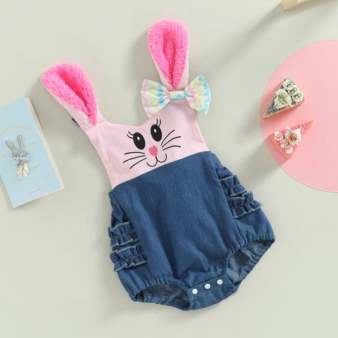 Girls' Easter Rabbit Ears Sleeveless Backless Romper