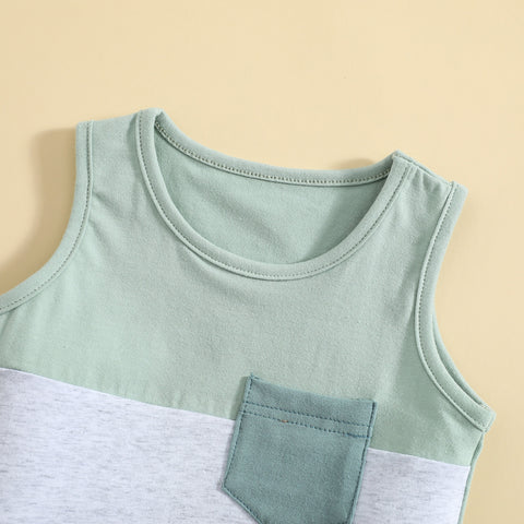 Boys' Green Colorblock Sleeveless Short Set