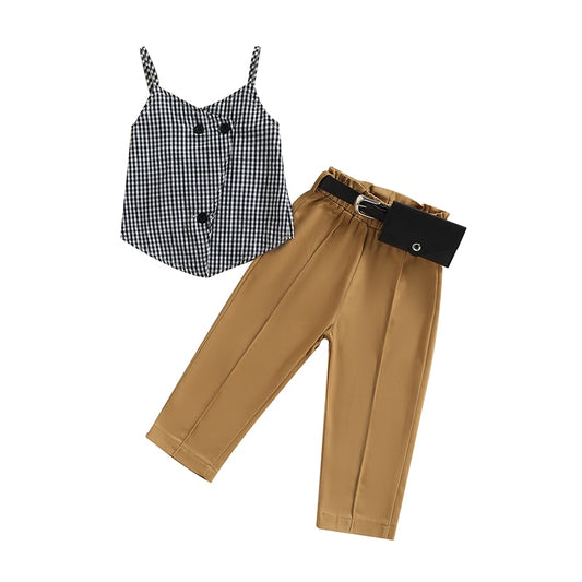 Girls' Plaid Top and Cream Stretch Pants Fanny Pack Set