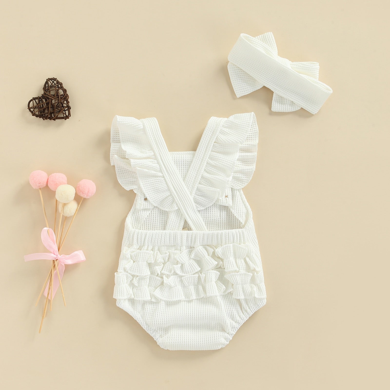 Girls' White Ruffle Knit Romper